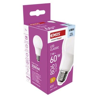 LED izzó Classic A60 / E27 / 7 W (60 W) / 806 lm / Hideg fehér