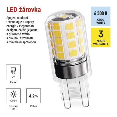 LED žárovka Classic JC / G9 / 4,2 W (40 W) / 470 lm / studená bílá 