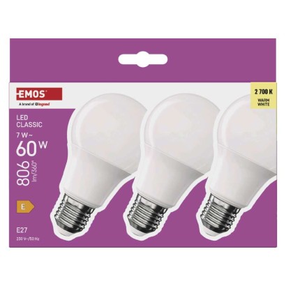 LED spuldze Classic A60 / E27 / 7 W  (60 W) / 806 lm / Silti balta