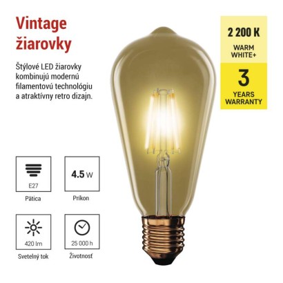 LED žiarovka Vintage ST64 / E27 / 4,5 W (40 W) / 420 lm / Teplá biela