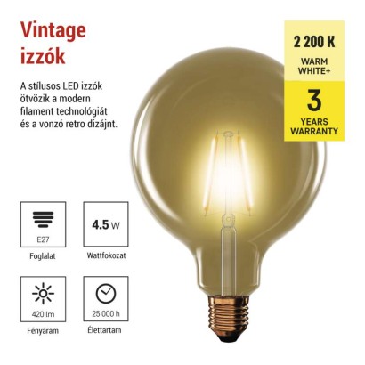 LED izzó Vintage G125 / E27 / 4,5 W (40 W) / 420 lm / Meleg fehér