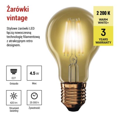 Żarówka LED Vintage A60 / E27 / 4,5 W (40 W) / 420 lm / 420 lm / Ciepła biel