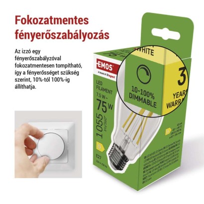 LED izzó Filament A60 / E27 / 7,5 W (75 W) / 1 055 lm / meleg fehér / dimmelhető