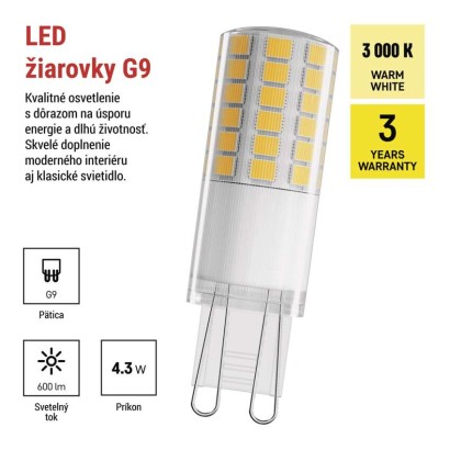 LED žiarovka Classic JC / G9 / 4,3 W (48 W) / 600 lm / Teplá biela