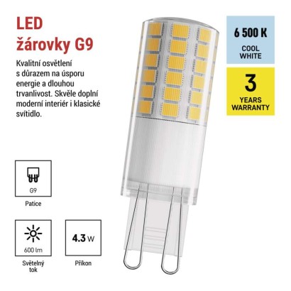 LED žárovka Classic JC / G9 / 4,3 W (48 W) / 600 lm / Studená bílá