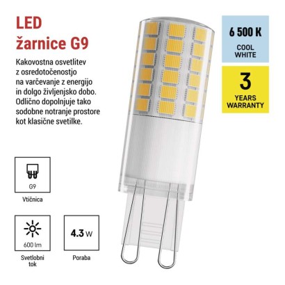 LED žarnica Classic JC / G9 / 4,3 W (48 W) / 600 lm / Hladna bela