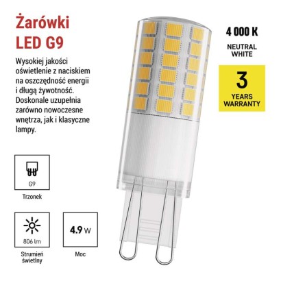 Żarówka LED Classic JC / G9 / 4,9W (60 W) / 806 lm / Neutralna biel
