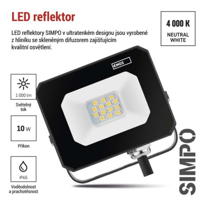 LED reflektor SIMPO 10 W, černý, neutrální bílá