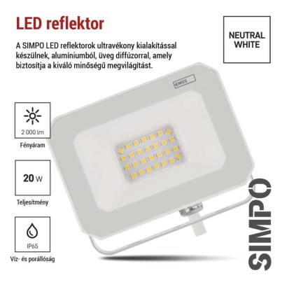 LED reflektor SIMPO 20W, fehér, IP65, 2000 lm, természetes fehér