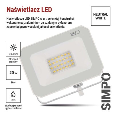 Naświetlacz LED SIMPO 20W, biały, neutralna biel