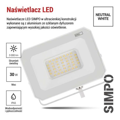 Naświetlacz LED SIMPO 30W, biały, neutralna biel