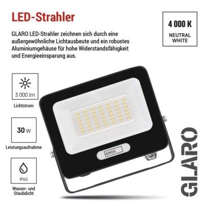 LED reflektor GLARO 30W, schwarz, IP65, 3000 lm, neutralweiß