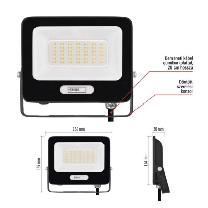 LED reflektor GLARO 30W, fekete, IP65, 3000 lm, természetes fehér