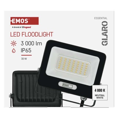 LED reflektor GLARO 30W, fekete, IP65, 3000 lm, természetes fehér