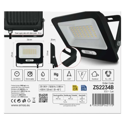 LED reflektor GLARO 30W, fekete, IP65, 3000 lm, természetes fehér