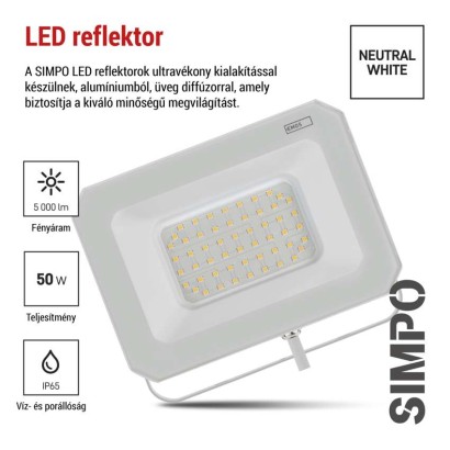 LED reflektor SIMPO 50W, fehér, IP65, 5000 lm, természetes fehér