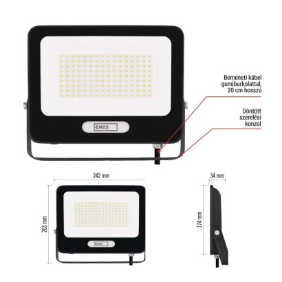 LED reflektor GLARO 100W, fekete, IP65, 10000 lm, természetes fehér