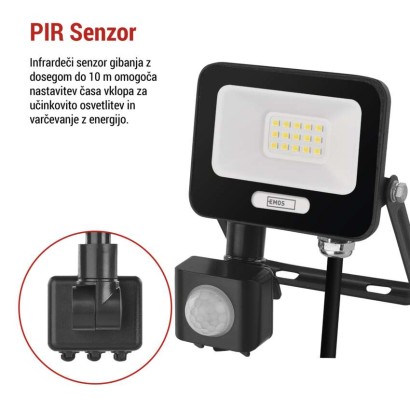 LED reflektor GLARO PIR 10 W, črni, IP54, 1000 lm, nevtralna bela