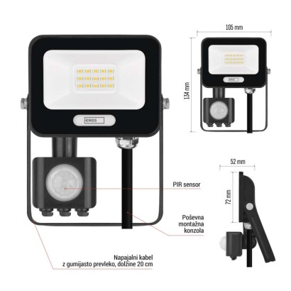LED reflektor GLARO PIR 10 W, črni, IP54, 1000 lm, nevtralna bela
