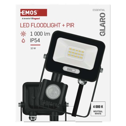 LED reflektor GLARO s pohybovým čidlom, 10 W, čierny, IP54, 1000 lm, neutrálna biela