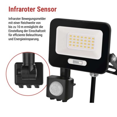 LED reflektor GLARO PIR 20 W, fekete, IP54, 2000 lm, természetes fehér