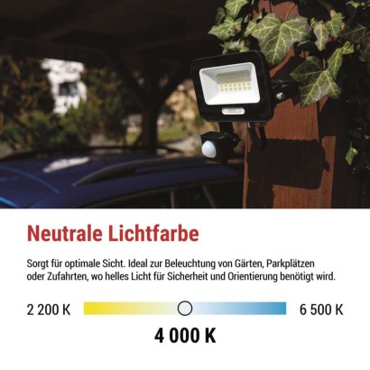LED reflektor GLARO PIR 20 W, fekete, IP54, 2000 lm, természetes fehér
