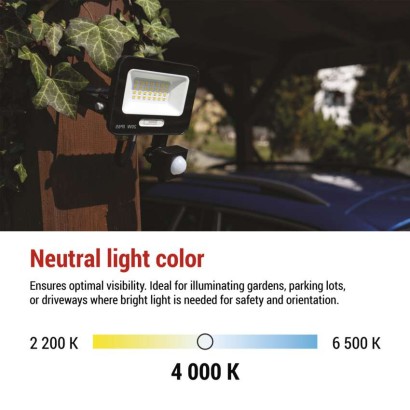 LED reflektor GLARO PIR 20 W, fekete, IP54, 2000 lm, természetes fehér