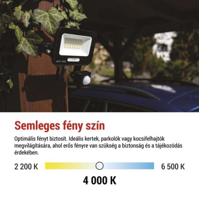 LED reflektor GLARO PIR 20 W, fekete, IP54, 2000 lm, természetes fehér