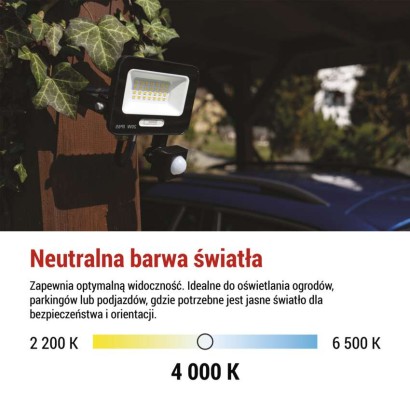 LED reflektor GLARO PIR 20 W, fekete, IP54, 2000 lm, természetes fehér