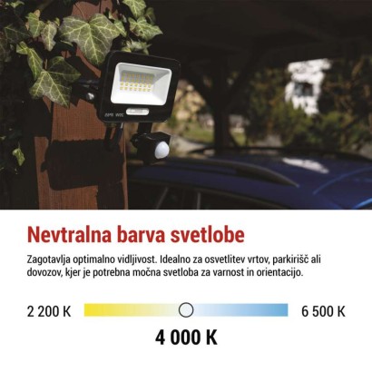 LED reflektor GLARO PIR 20 W, fekete, IP54, 2000 lm, természetes fehér