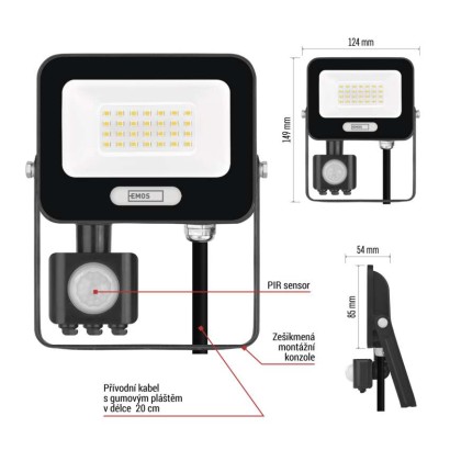 LED reflektor GLARO s pohybovým čidlem, 20 W, černý, IP54, 2000 lm, neutrální bílá