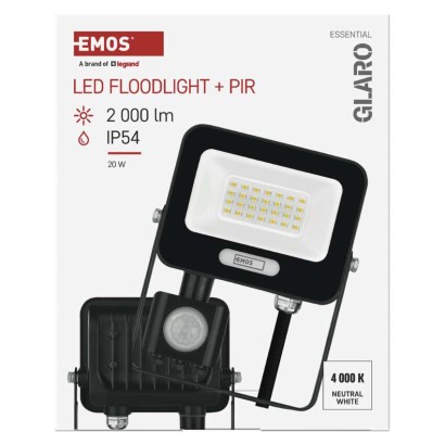 LED reflektor GLARO PIR 20 W, fekete, IP54, 2000 lm, természetes fehér