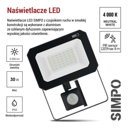 Naświetlacz LED SIMPO 30W, z czujn. PIR, czarny, neutralna biel