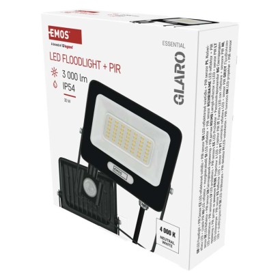 LED reflektor GLARO PIR 30 W, fekete, IP54, 3000 lm, természetes fehér