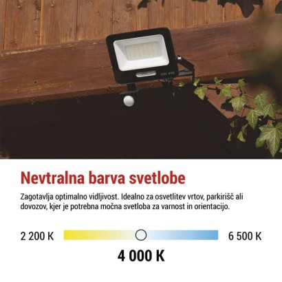 LED reflektor GLARO PIR 30 W, črni, IP54, 3000 lm, nevtralna bela