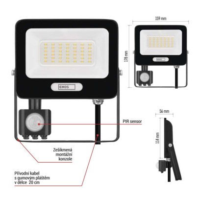 LED reflektor GLARO s pohybovým čidlem, 30 W, černý, IP54, 3000 lm, neutrální bílá