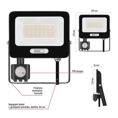 LED reflektor GLARO PIR 30 W, črni, IP54, 3000 lm, nevtralna bela