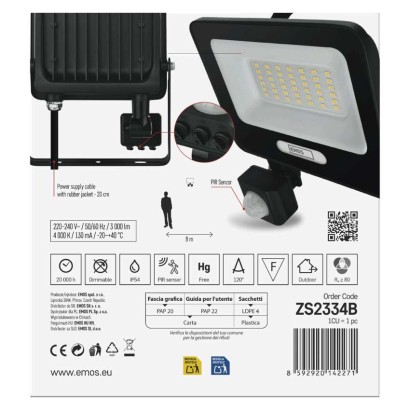 LED reflektor GLARO PIR 30 W, fekete, IP54, 3000 lm, természetes fehér
