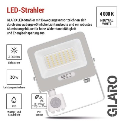 LED reflektor GLARO mit Bewegungssensor, 30 W,weiß, IP54, 3000 lm, neutralweiß