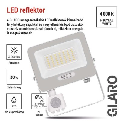 LED reflektor GLARO PIR 30 W, fehér, IP54, 3000 lm, természetes fehér