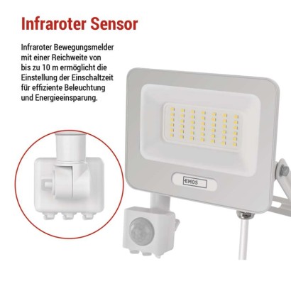 LED reflektor GLARO mit Bewegungssensor, 30 W,weiß, IP54, 3000 lm, neutralweiß