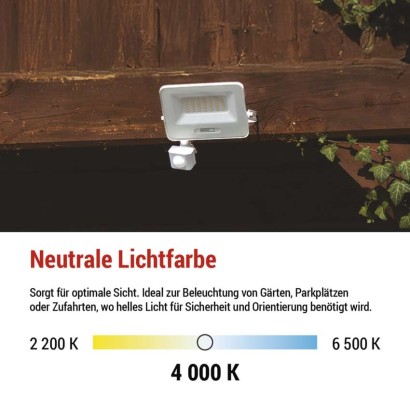 LED reflektor GLARO mit Bewegungssensor, 30 W,weiß, IP54, 3000 lm, neutralweiß