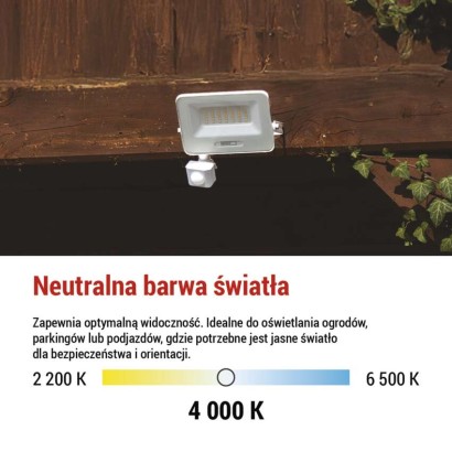 Naświetlacz LED GLARO PIR 30 W, biały, IP54, 3000 lm, neutralna biel