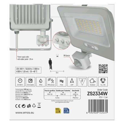 LED reflektor GLARO s pohybovým čidlom, 30 W, biely, IP54, 3000 lm, neutrálna biela
