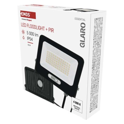 LED reflektor GLARO PIR 50 W, fekete, IP54, 5000 lm, természetes fehér