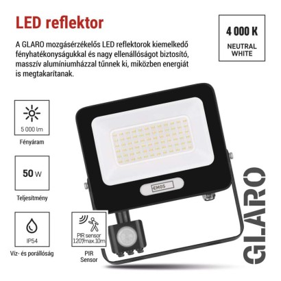 LED reflektor GLARO PIR 50 W, fekete, IP54, 5000 lm, természetes fehér