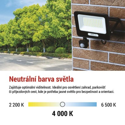 LED reflektor GLARO s pohybovým čidlem, 50 W, černý, IP54, 5000 lm, neutrální bílá