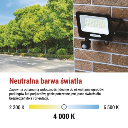 Naświetlacz LED GLARO PIR 50 W, czarny, IP54, 5000 lm, neutralna biel