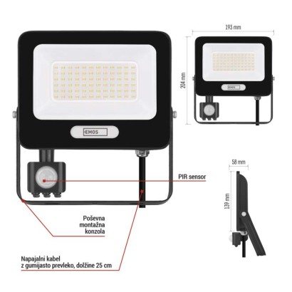 LED reflektor GLARO PIR 50 W, črni, IP54, 5000 lm, nevtralna bela