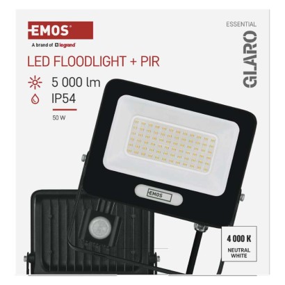 LED reflektor GLARO PIR 50 W, fekete, IP54, 5000 lm, természetes fehér
